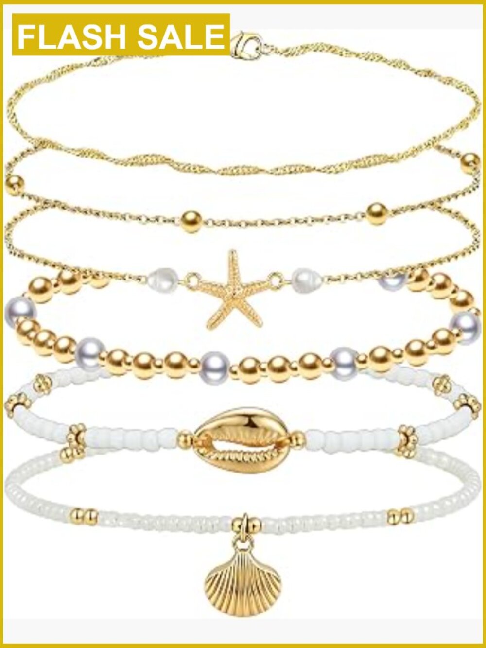 6PCS Gold Anklet Set Boho Layered Starfish Shell Pearl Beach Foot Jewelry
